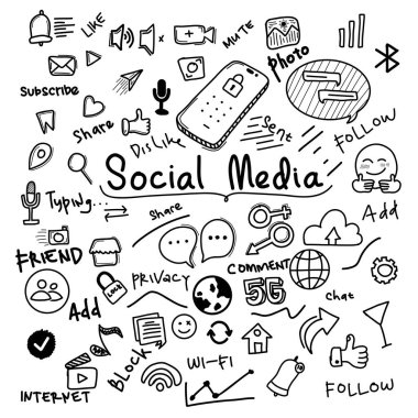 Çizilmiş sosyal medya işareti dizi el ve sembol öğeleri doodles