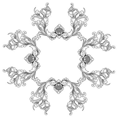 Dairesel çiçek süslemeli kare çerçeve beyaz arkaplan çizildi