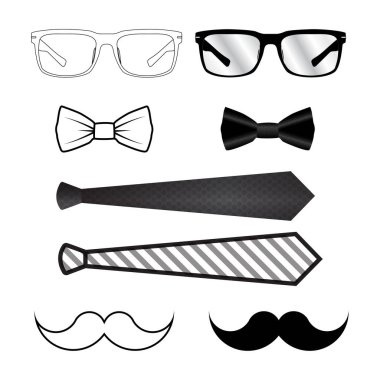 Erkek aksesuarları, kravat, gözlük ve bıyıkları Babalar Günü için kullanılabilir.