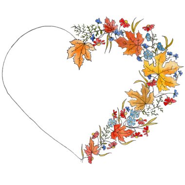 Sonbahar çiçekleriyle el çizilmiş kalp ve yapraklar. Suluboya ve doğrucu
