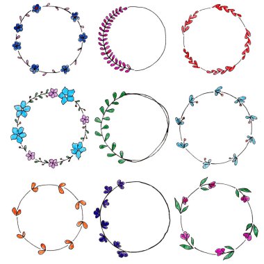 El çizimi çiçek çelenkleri. Davetiyeler için, tebrik kartları için. Çiçek illüstrasyonu