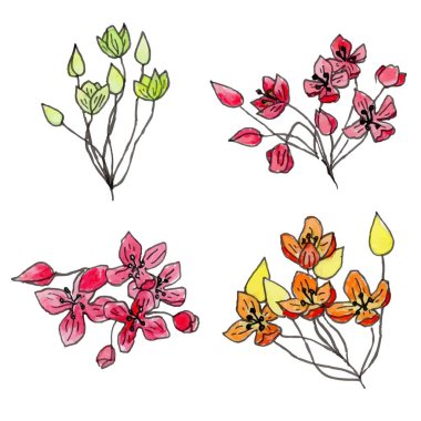 Hand drawn watercolor set of flowers