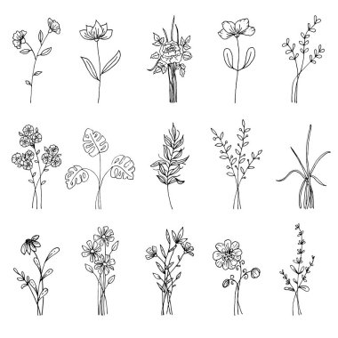 El çizimi yabani çiçekler. Tarla çiçekleri Fantezi çiçekleri. Çizgi