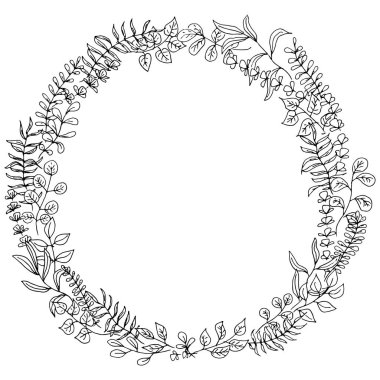 El çizimi çiçekli kenar. Düğün davetiyesi için siyah beyaz çelenk.