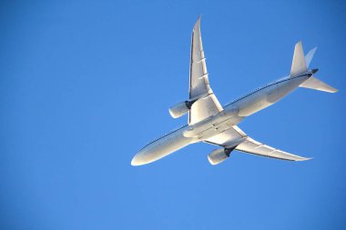 Açık mavi gökyüzünde yükselen ticari uçağın alt görüntüsü. Uçağın gösterişli tasarımı ve kanatları parlak arka planda vurgulanır, zarafeti ve mühendislik harikası vurgulanır.