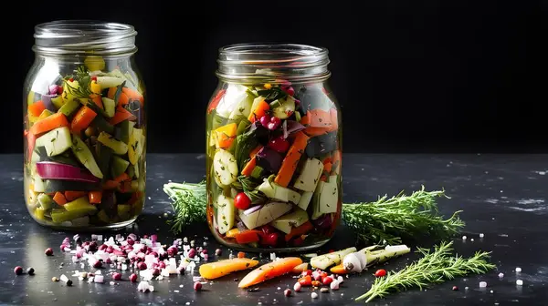 stock image Two glass jars filled with a vibrant mix of pickled vegetables, including carrots, zucchini, onions, and cherry tomatoes, are displayed against a dark background