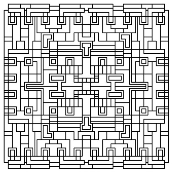 Detailed Black-and-White Geometric Maze Pattern with Symmetrical and Interconnected Line Work