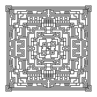 Çok Ayrıntılı Siyah-Beyaz Döşeme Şablonu Karmaşık, Maze benzeri Geometri ve Simetrik Tasarım