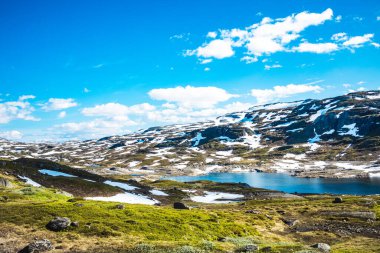 Görkemli kar önü çimlerle kaplı dağlar ve Norveç 'te mavi gökyüzü