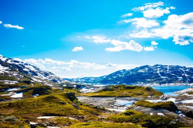 Görkemli kar önü çimlerle kaplı dağlar ve Norveç 'te mavi gökyüzü