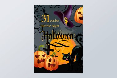 Cadılar Bayramı, Ekim 'in ilk harfleri, korku gecesi ve ay. Davetiye veya reklam tasarımı. Broşür tasarımı..