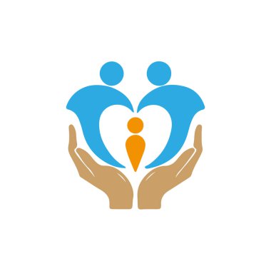 Çocuk bakımı ve aşk logosu. Evlat edinme yardım logosu şablonu. Çocuk vektörü ve kalp şeklinde el sıkışma. Aile Ebeveynliği logosu