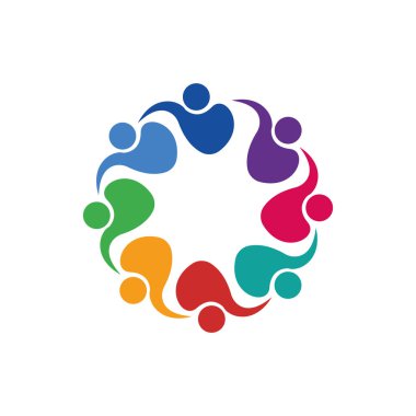 Soyut insan grubunun renkli dinamik logosu el ele tutuşuyor çok yönlü renkli logo tasarımı.