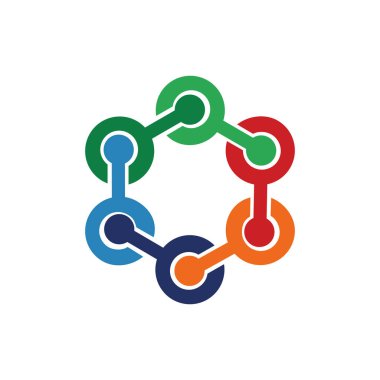 Birbirine kenetlenen insanlar - mavi, kırmızı, turuncu ve yeşil logolarla simgeler.