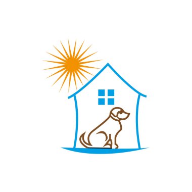 Arka bahçede küçük bir köpek kulübesi. Minimalist, basit, modern vektör logosu tasarımı bir ev ikonu ile oturmak için hafif bir baş sallama ayarlıyor.