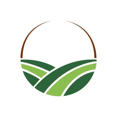 Çiftlik logosu şablonu ya da kırsal alanda güneş, tarla ve ahır ikonu. Modern logo seti