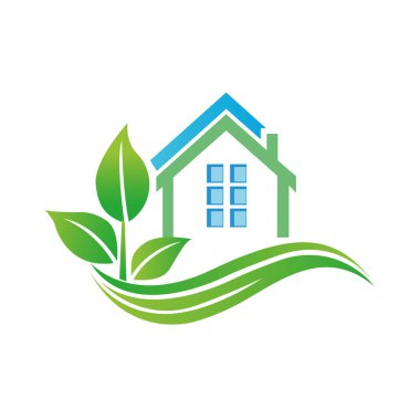 Ev logosu, yeşil yapraklı ve ev logosu tasarımlı lekelenebilir eko ev sembolü.