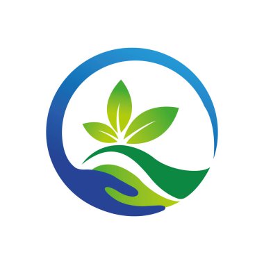 Yeşil yapraklı illüstrasyon doğa logosu. El logosu gradyan renkli tasarımı olan bir yaprak. Yaprak logo vektörü