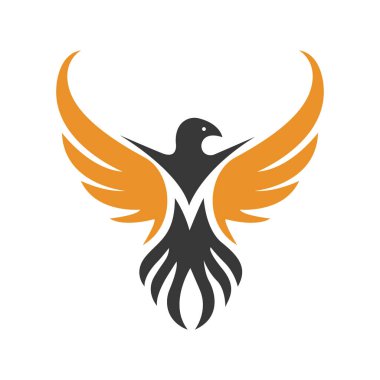 Anka. Siyah arka planda altın vektör logosu. Yeniden doğuşun, dönüşümün ve özgürlüğün sembolü. Altın eğimli logo şablonu. Kanatlarını ve kuyruğunu tüyleriyle aç. Kuşun başı yana döndü.