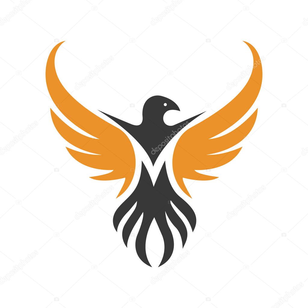 Phoenix. Golden vector logo on black background. Symbol of rebirth, transformation and freedom. Logo template with golden gradient. Spread wings and tail with feathers. Bird's head is turned to side