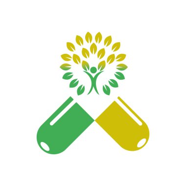 Bitkisel tıp ikonu basit tasarım element kapsülleri ve bitkisel yaprak vektör tasarımı. İlaç eczanesinin logosu. Tıbbi sağlık sembolü. bitkisel sağlık logosu