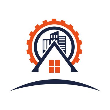 Mavili bir dairedeki bir evin inşaat sembolü. Emlak logosu tasarım vektörü.