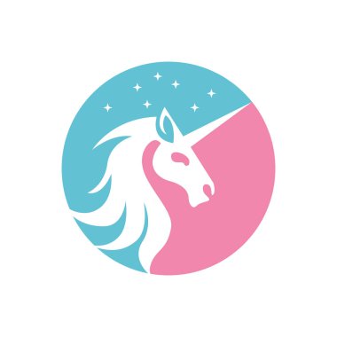 Beyaz tek boynuzlu at silueti. Kafası logo tasarımı olan sihirli at sembolü.