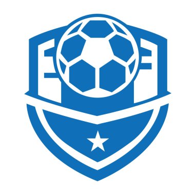 Futbol topu defne yıldızları ve mavi logo tasarım ikonu şeritli kalkan