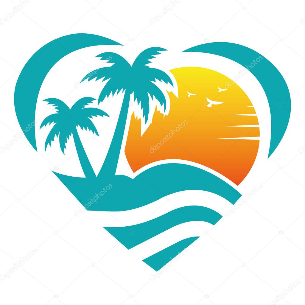 Travel Beach Palm Heart Logo Design Vector Icon Template