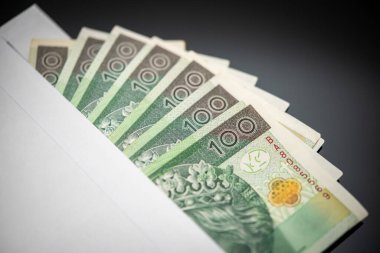 Birkaç yüz adet PLN Polonya Zloti banknotunun yakın plan görüntüsü kısmen beyaz bir zarfa sıkıştırılmış, finans, rüşvet, hediyeler ve yasadışı iş faaliyetleri temaları gösterilmektedir.