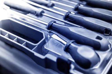 Ergonomik saplarını ve çeşitli boyutlarını gösteren bir alet çantasına yerleştirilmiş hassas tornavidalardan oluşan bir koleksiyon. Ev iyileştirme görevleri, otomotiv tamiratları ve sanayi projeleri için ideal.