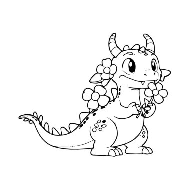 Çocuklar için Çiçekli Utangaç Ejderha Eğlenceli Renk Sayfası