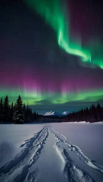 A snowy landscape illuminated by a vivid aurora borealis, green and purple lights dancing across a clear starry sky, creating a magical and surreal atmosphere.