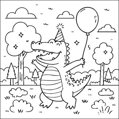 Fun Crocodile Holding Balloon Coloring Page Outline clipart