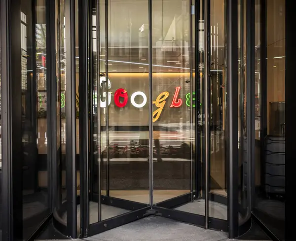 stock image New York NY USA-May 31, 2024 Illuminated sign greets visitors at the entrance to the Google building in Chelsea in New York