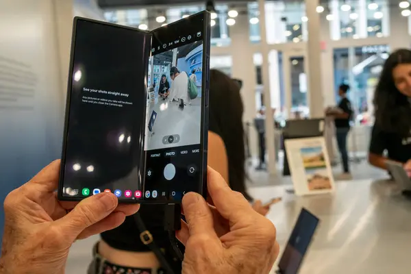 stock image New York NY USA-July 14, 2024 Visitors to the Samsung Galaxy pop-up event in Soho in New York admire the Samsung Galaxy Z Fold6 smartphone