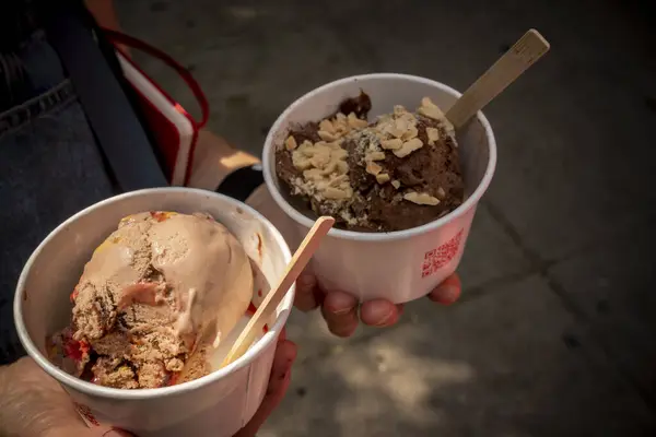 Stock image New York NY USA-July 21, 2024 Brand activation of Premier Protein. Participants waiting in line were rewarded with ice cream made with the protein shakes