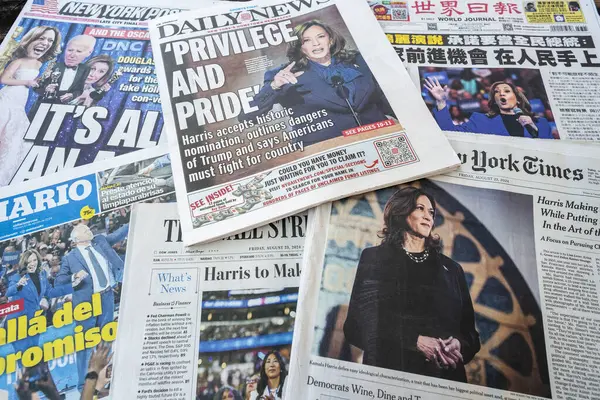 stock image New York NY USA August 24, 2024 Headlines of New York newspapers report on the previous days acceptance by Kamala Harris of the presidential nomination