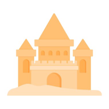 Kumsaldaki basit kumdan kale ve kale. Yaz tatili unsuru dekorasyonu için beyaz arkaplanda izole edilmiş düz simge vektör çizimi