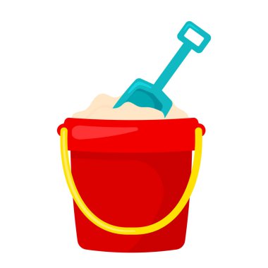 Mavi kürekli kırmızı kovada kum. Plaj tatilinde kumdan kale yapmak için çocuk oyuncakları. Yaz karalama simgesi vektör çizimi beyaz arkaplanda izole edildi