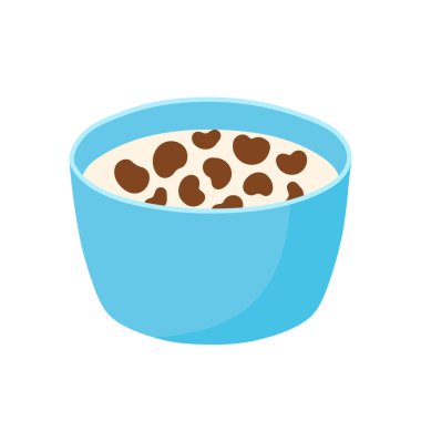 Şeffaf arkaplanda izole edilmiş kahvaltı vektörü illüstrasyonu için kasede süt bulunan yassı çikolata gevreği.