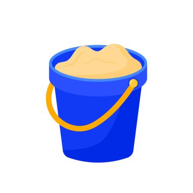 Sarı saplı mavi kum kovası. Plaj tatilinde kumdan kale yapmak için çocuk oyuncakları. Yaz karalama simgesi vektör çizimi şeffaf arkaplanda izole edildi
