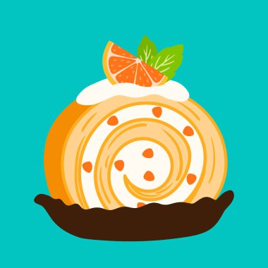 Tatlı el çizimi İsviçre usulü, turuncu mandalina dilimlenmiş, meyveli tatlı tatlı tatlı çizgi film çizimi, doğum günü partisi için beyaz arka planda izole edilmiş.