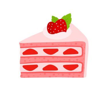 Tatlı el çizimi çilekli kek. Üstünde meyveli tatlı tatlı tatlı tatlı çizgi film çizimi. Beyaz arka planda doğum günü partisi için izole edilmiş.
