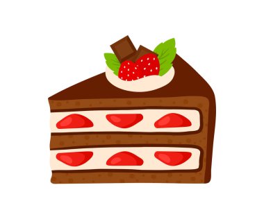 Tatlı el çizimi Çilek meyveli Chcocolate Cake üzerine tatlı tatlı yemek çizgi film çizimi doğum günü partisi için beyaz arka planda izole edilmiş