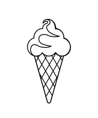 El çizimi siyah ana hatlı dondurma. Yaz içeceği için şeffaf arkaplanda izole edilmiş waffle koni vektör klipsi sanatı.