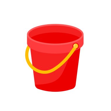 Boş kırmızı plastik kova klipsli resim. Plaj tatilinde kumdan kale yapmak için çocuk oyuncakları. Yaz karalama vektör çizimi şeffaf arkaplanda izole