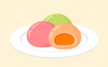 Çilek, Turuncu, Mango, Matcha, Yeşil Çay Tatlıları, Beyaz Arkaplanda İzole edilmiş Portakal Mochi Daifuku Japon Yemek Tatlısı Çizgi Filmi