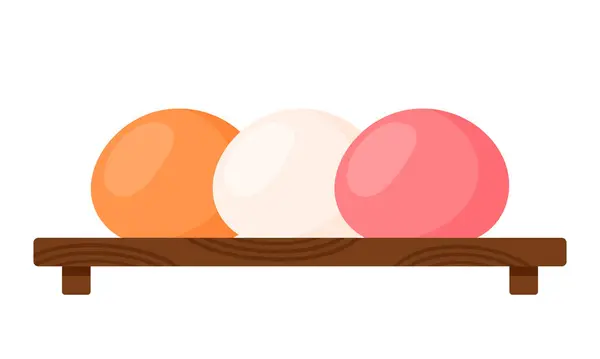 Stock vector Cartoon Mochi Daifuku in traditional wooden plate for Japanese Food Dessert Menu Icon in Strawberry, Orange, Mango, Vanilla Flavors Matcha Icon Doodle Vector Illustration Isolated on White Background