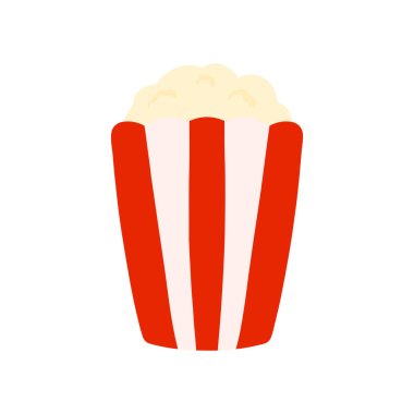 Çizgili kırmızı ve beyaz kutu karalama ikonu içinde düz patlamış mısır. Sinema çizgi filminde film izlemek için izole edilmiş vektör çizimi.